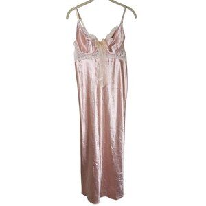 Romantic Satin & Lace Pink Long Slip Dress L Bias Cut Babydoll Y2K Coquette Gown